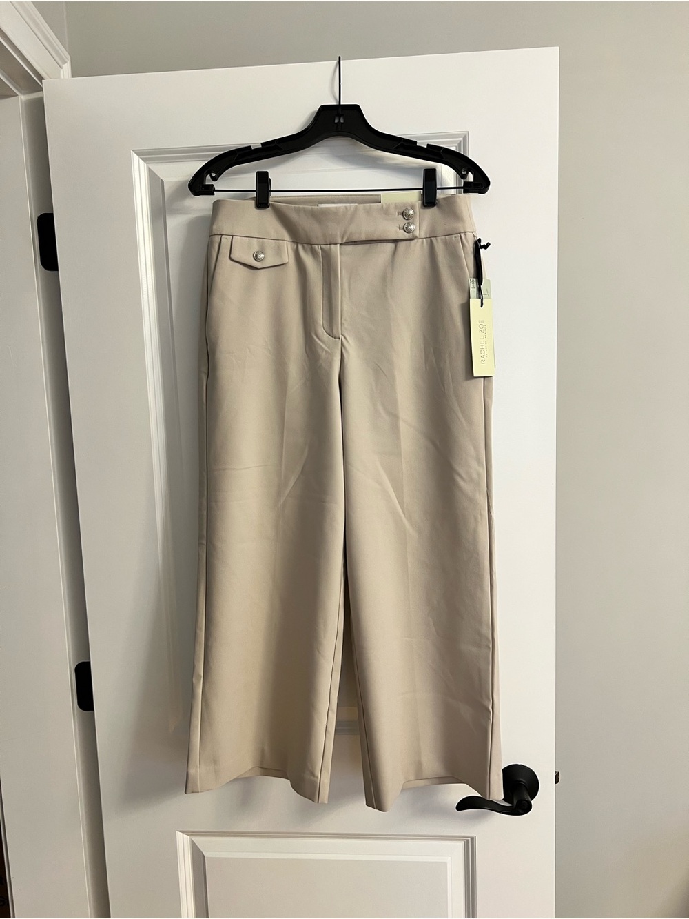 Rachel Zoe Beige Wide-Leg Crop Trousers with Button Waist Detail